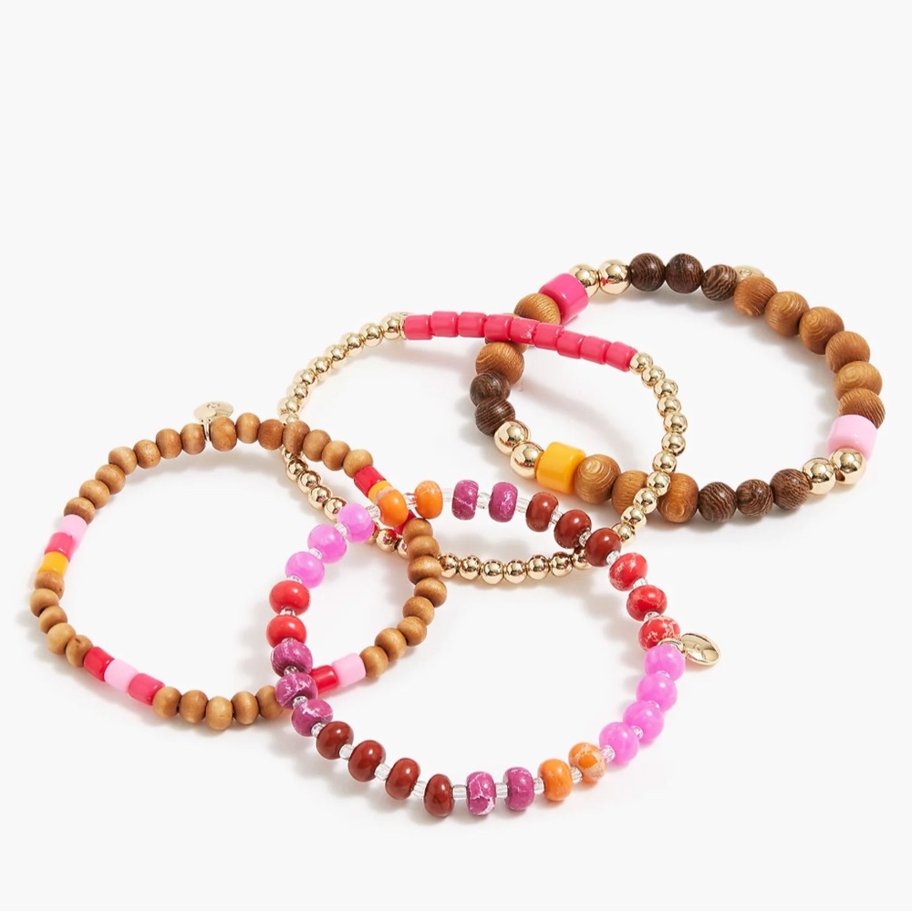 J. Crew Wood Gold Plated Brass Beads Pink Beads Bracelet Set of 4